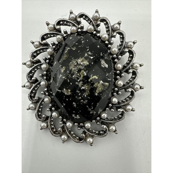 Vintage Stone & Faux Pearl Silver Brooch,  Black, J-01-19 - Picture 2 of 11